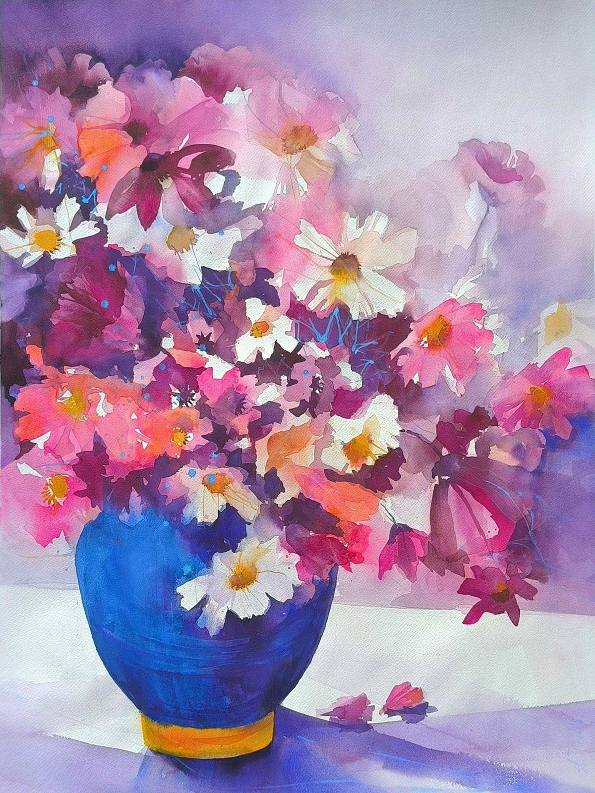 Expressives Blumenaquarell mit Sommerblumen