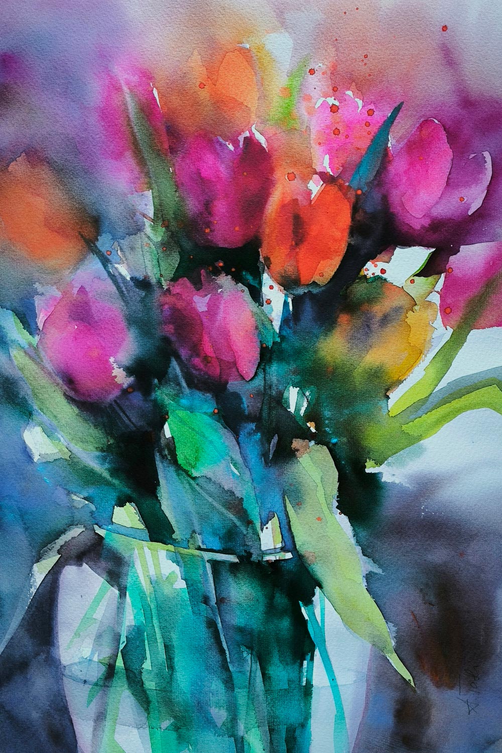 002-B1-26-oR-chromatic-presence-web Blumenaquarell Tulpen expressiv gemalt