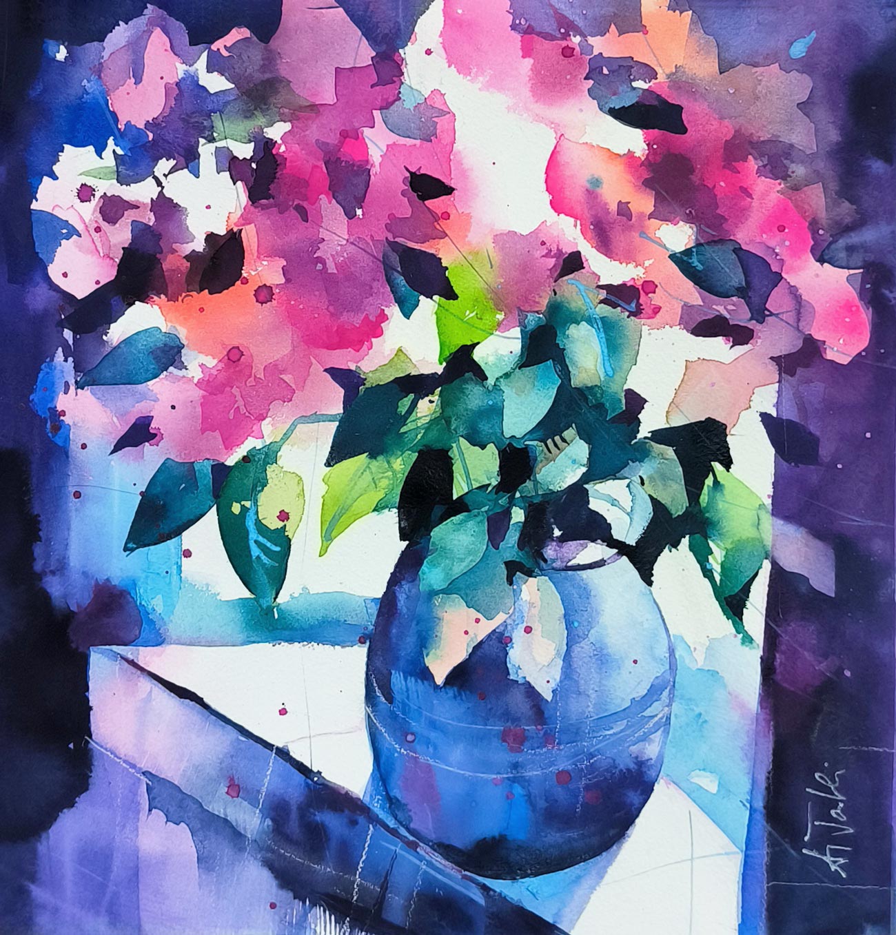 Weiße Amaryllis expressiv in Aquarell gemalt.