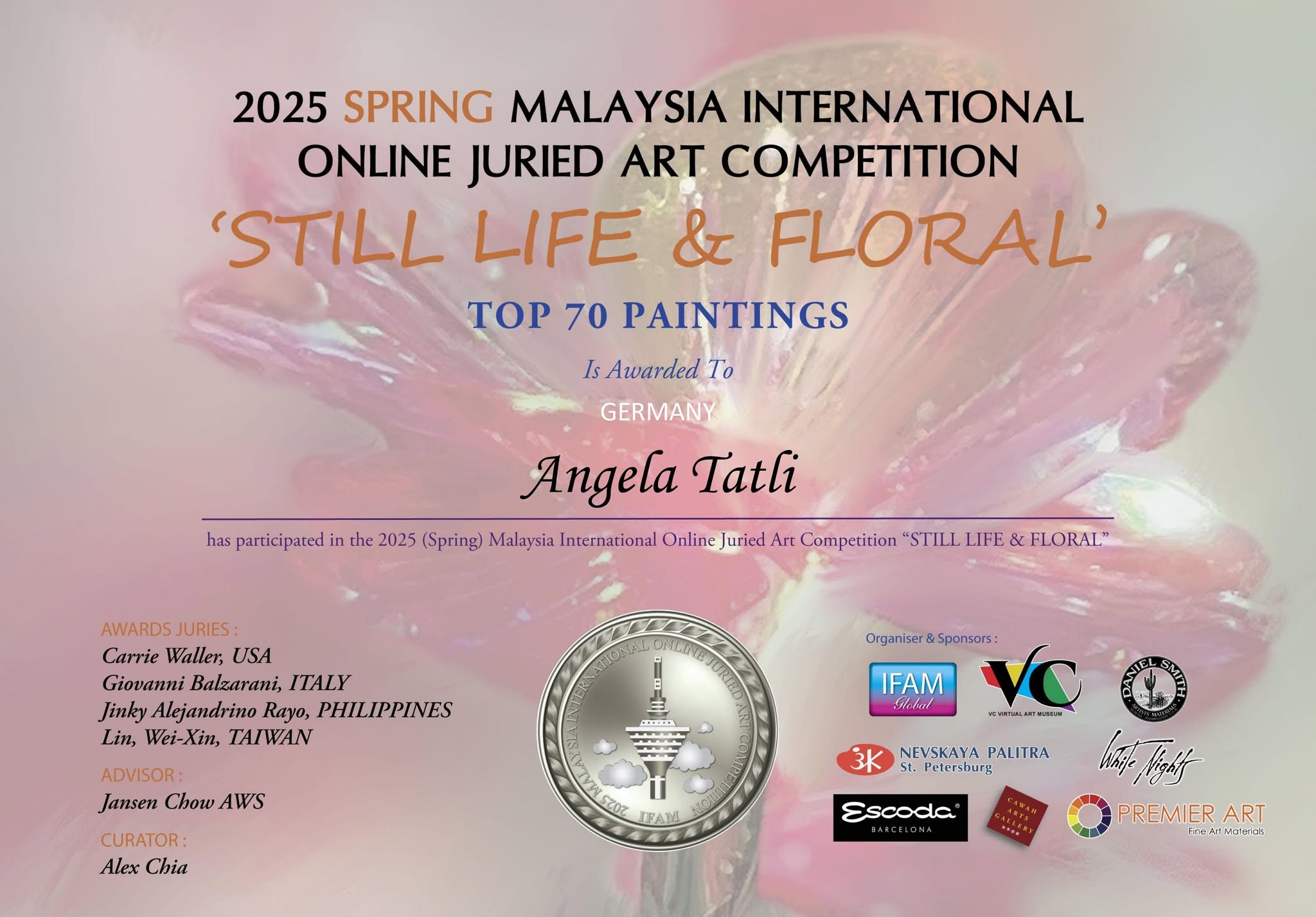 zertifikat-malaysia-ifam-global-2025 Expressives Blumen Aquarell mit blauen Blüten in einer Vase.